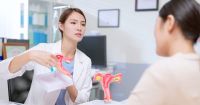 Ärztin erklärt Patientin anhand von Gebärmutter-Modell
